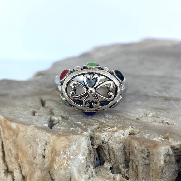 Sterling Silver 925 Oval Scrollwork Bali Multi Gemstone Scrollwork Ring 5.75 - Picture 3 of 16